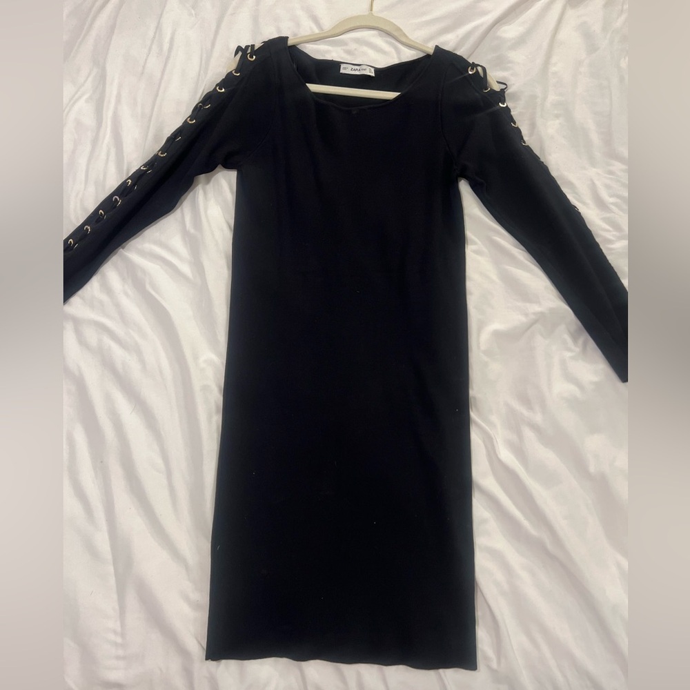 Zara Knit Black Dress with Lace-Up Gold Detail Sleeves